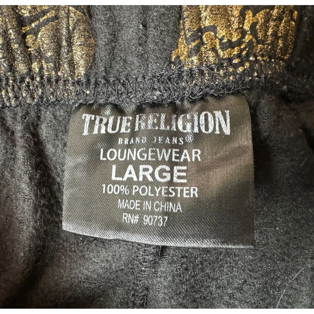 True Religion Mens Lounge Pants Large Black Gold Buddha Print Drawstring Pajama